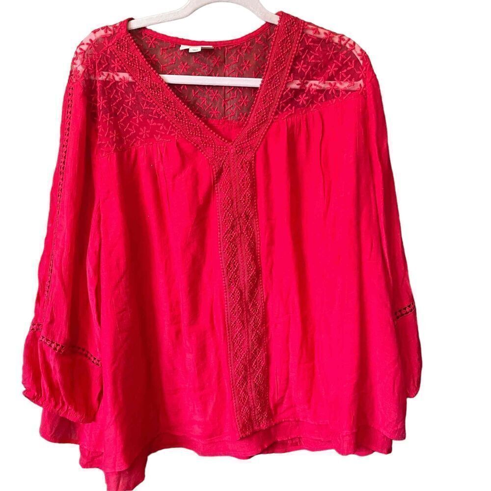 Style & Co Womens Red Long Sleeve Lace Detailing V-Neck Tunic Blouse Size XXL